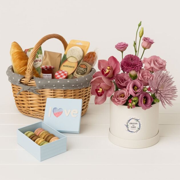Cesta de Pequeno-Almoço com Flores